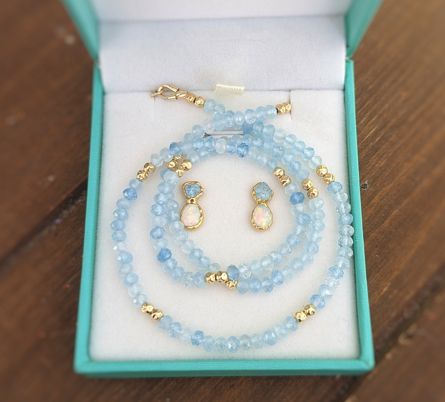Aquamarine and Australian Opal Stud Earrings and beaded Necklace Bridal uniquely set in 18k Gold