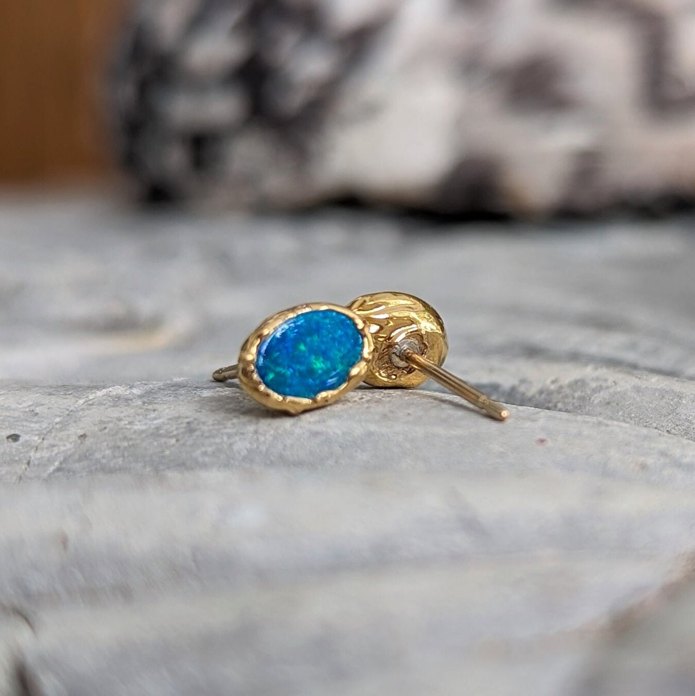 Australian blue opal stud earrings in textured sterling silver
