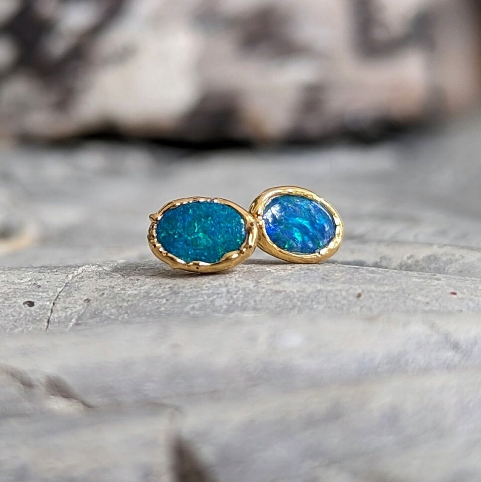 Blue Australian Opal stud earrings in unique 18k Gold setting