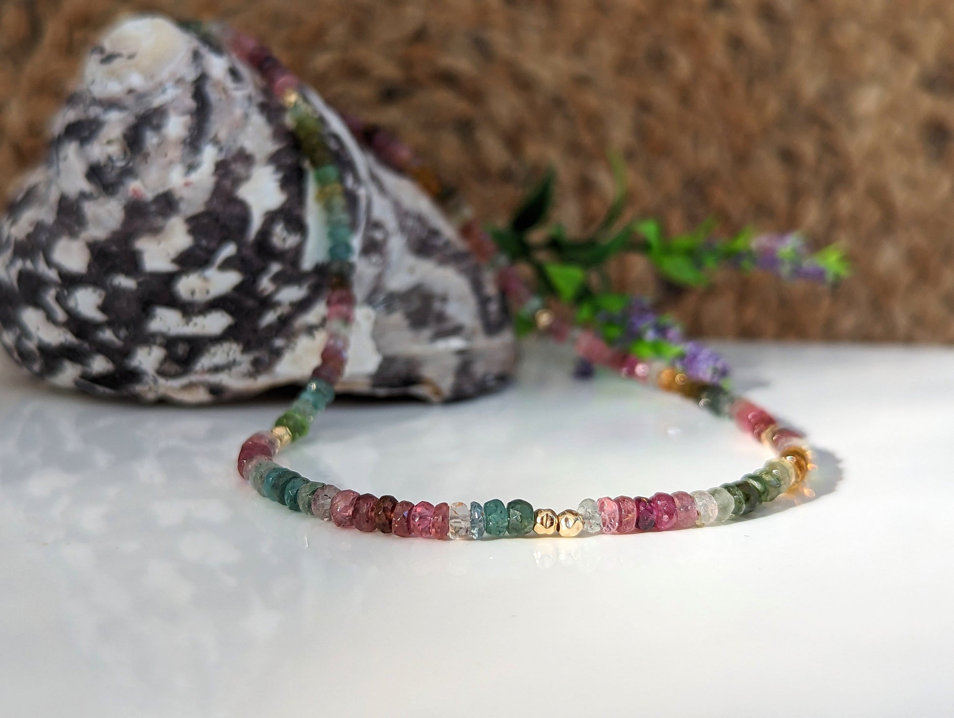 Multi-color Tourmaline Bead necklace with 14k Gold components