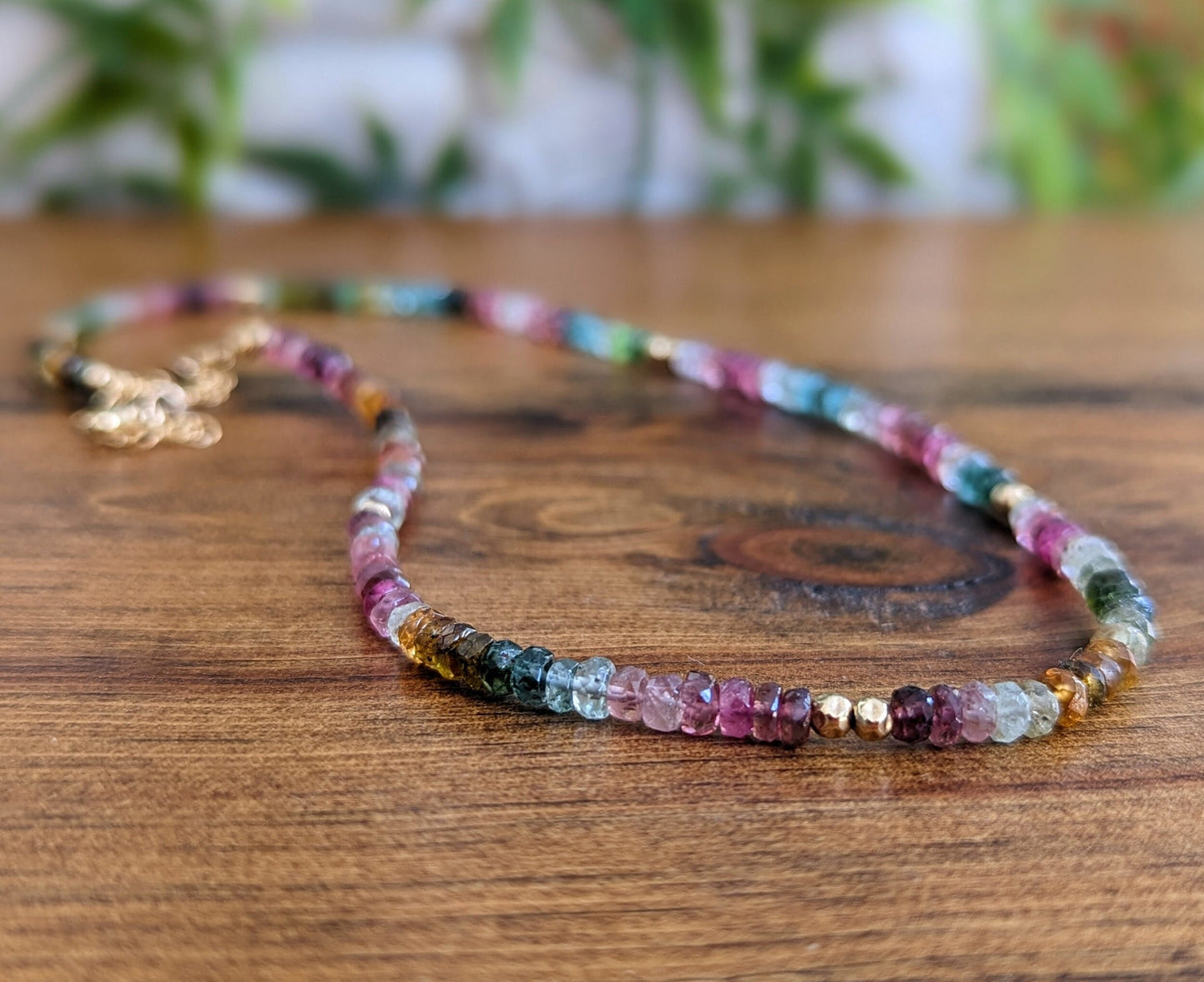 Multi-color Tourmaline Bead necklace with 14k Gold components