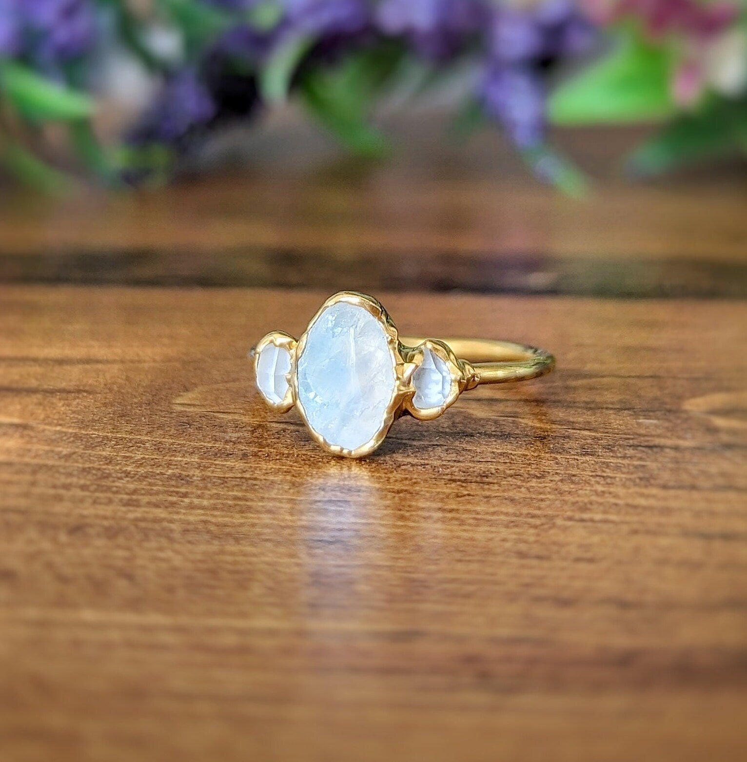 Raw Rainbow Moonstone and Herkimer Diamond Engagement ring in 18k Gold