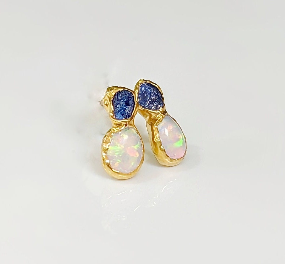 Raw Blue Sapphire and Australian Opal stud earrings in unique 18k Gold setting