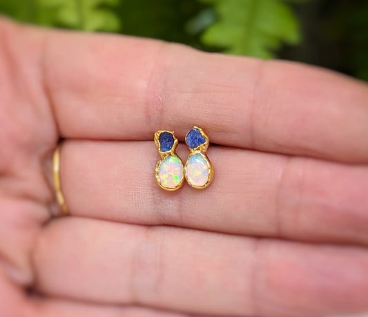 Raw Sapphire and Opal stud earrings - Moondrop Creations