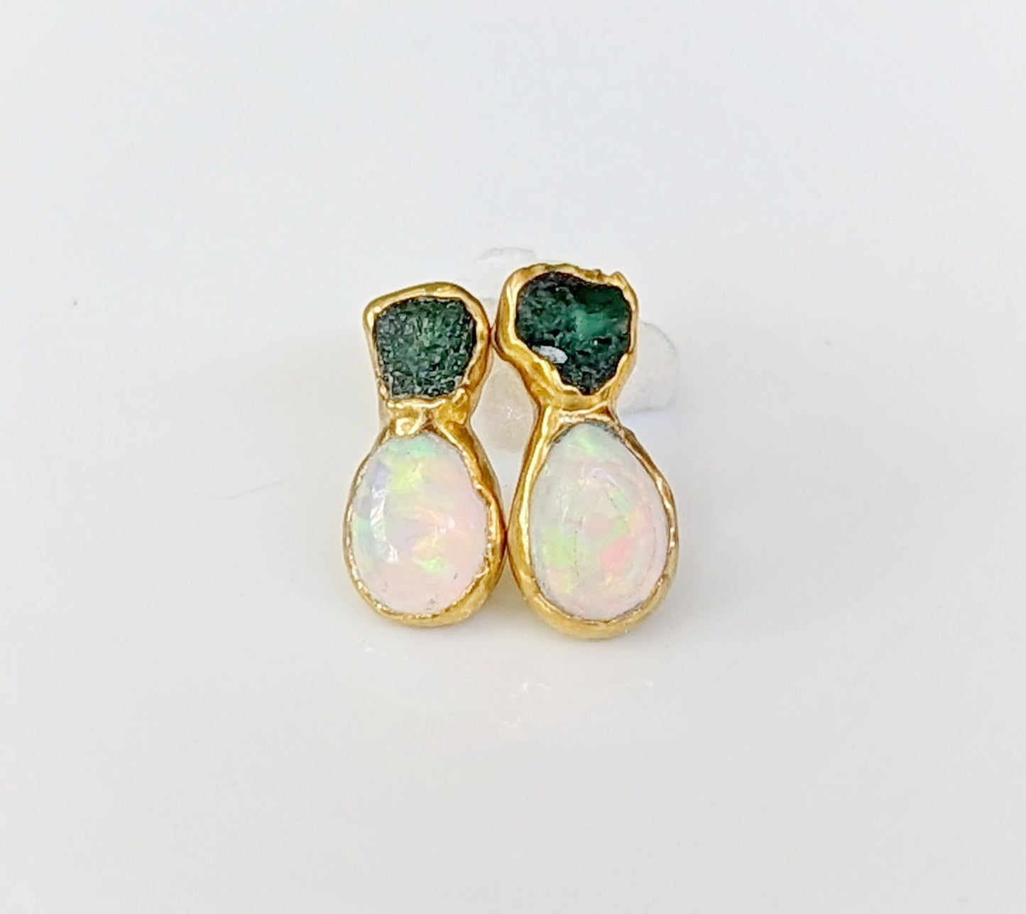 Raw green Emerald and Australian Opal stud earrings in unique 18k Gold setting