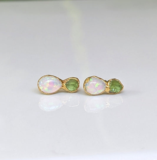 Raw green Peridot and Australian Opal stud earrings in unique 18k Gold setting