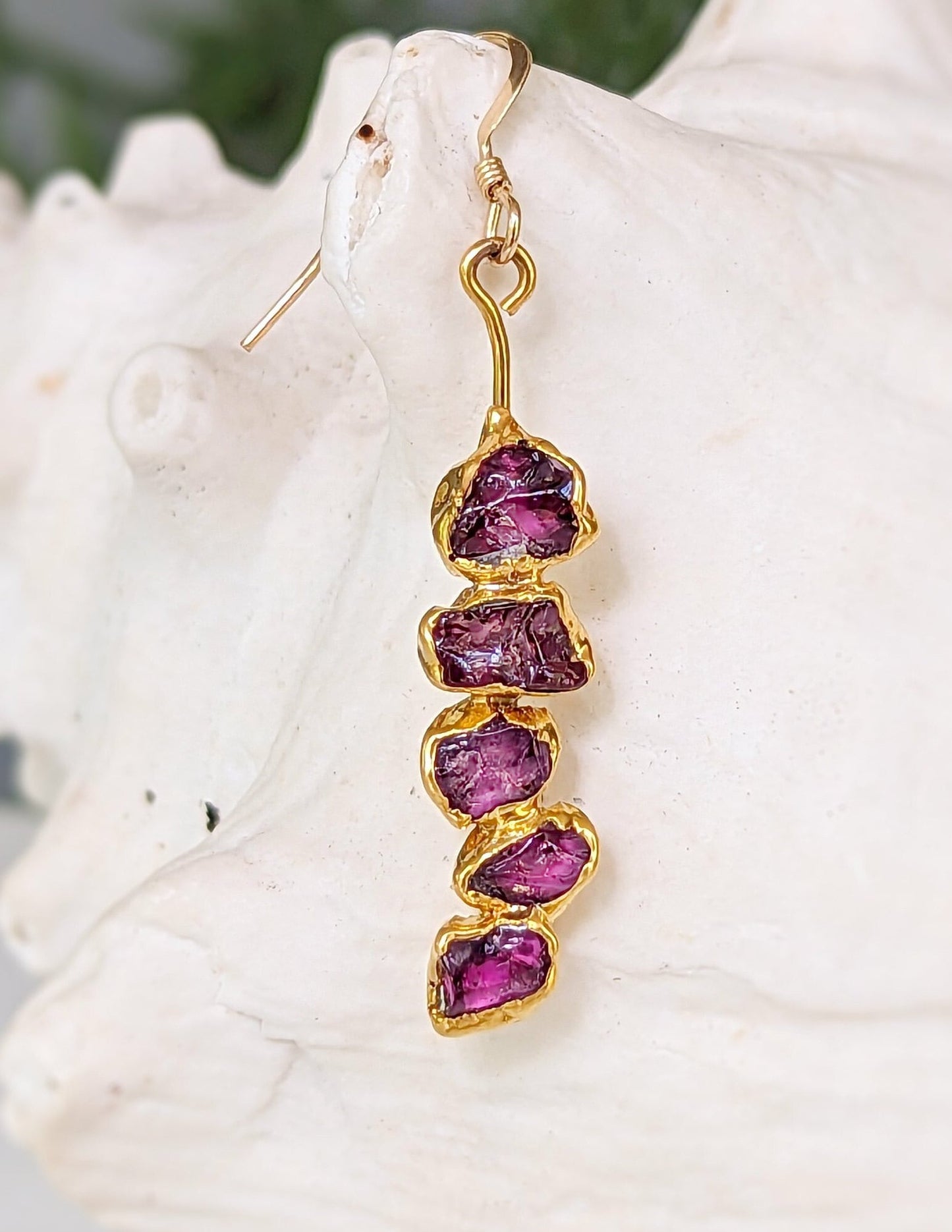 Rhodolite Garnet dangle earrings in unique 18k Gold setting
