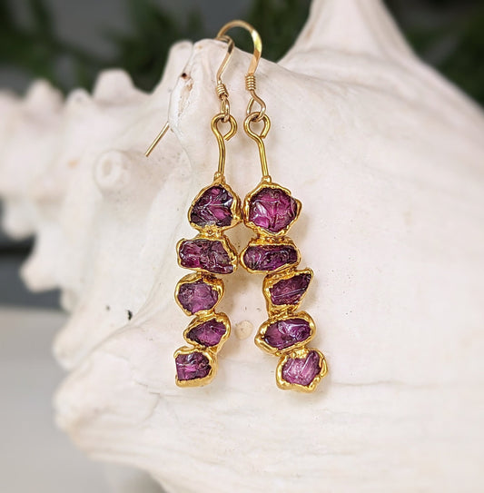 Rhodolite Garnet dangle earrings in unique 18k Gold setting