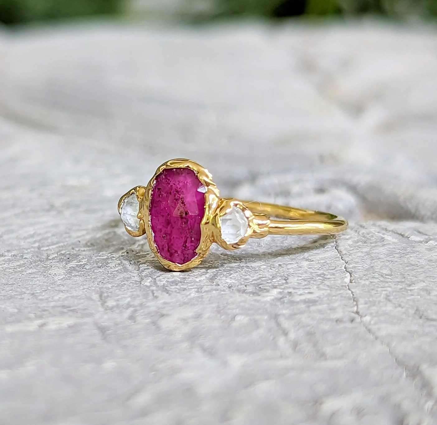 Deep Pink Rubellite Tourmaline and Herkimer diamond Engagement ring in 18k Gold