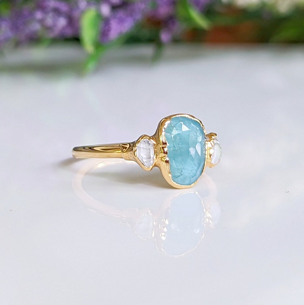 Natural Aqua Blue Grandidierite and Herkimer diamond Engagement ring in 18k Gold