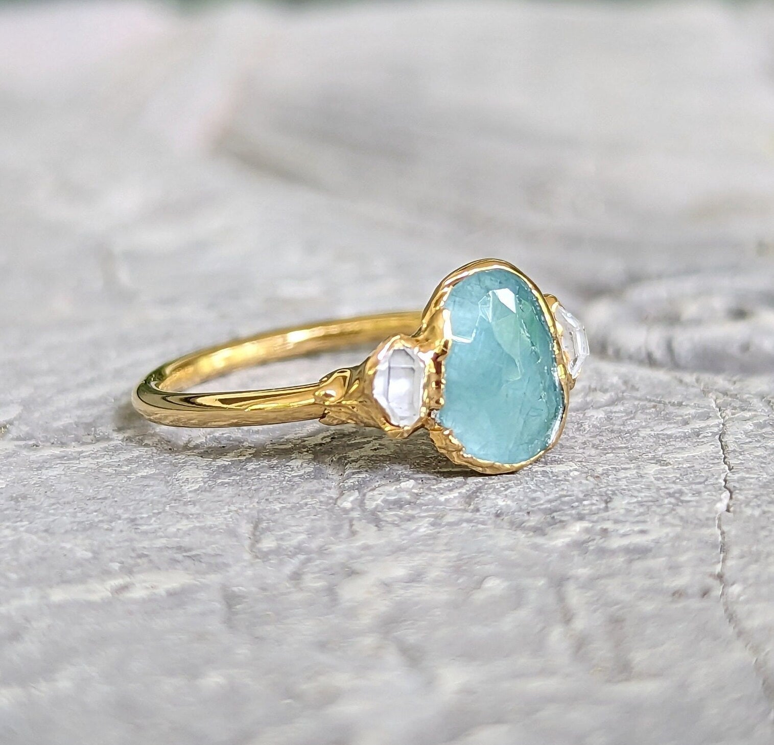 Natural Aqua Blue Grandidierite and Herkimer diamond Engagement ring in 18k Gold