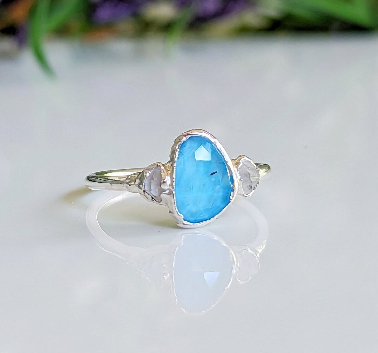 Natural Blue Topaz and Herkimer diamond ring in Fine 99.9 Silver