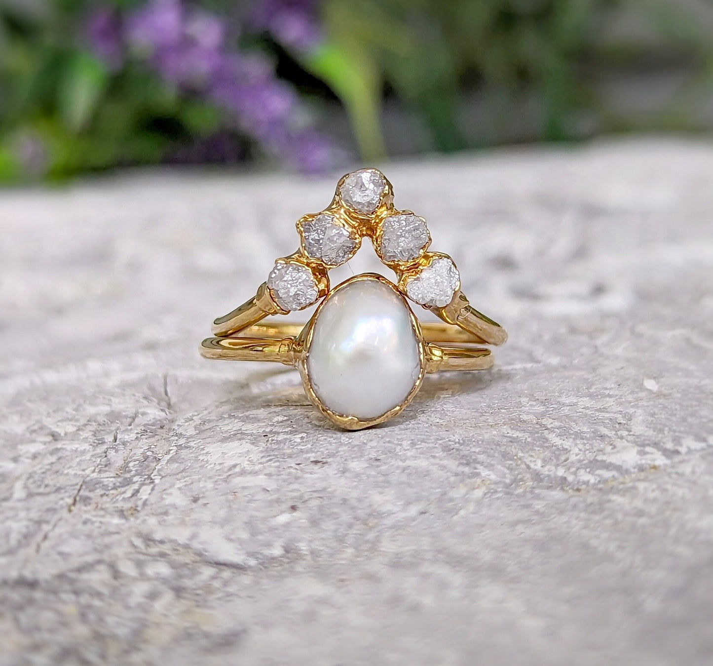 Freshwater Pearl & Raw Diamond Chevron wedding ring set in 18k Gold