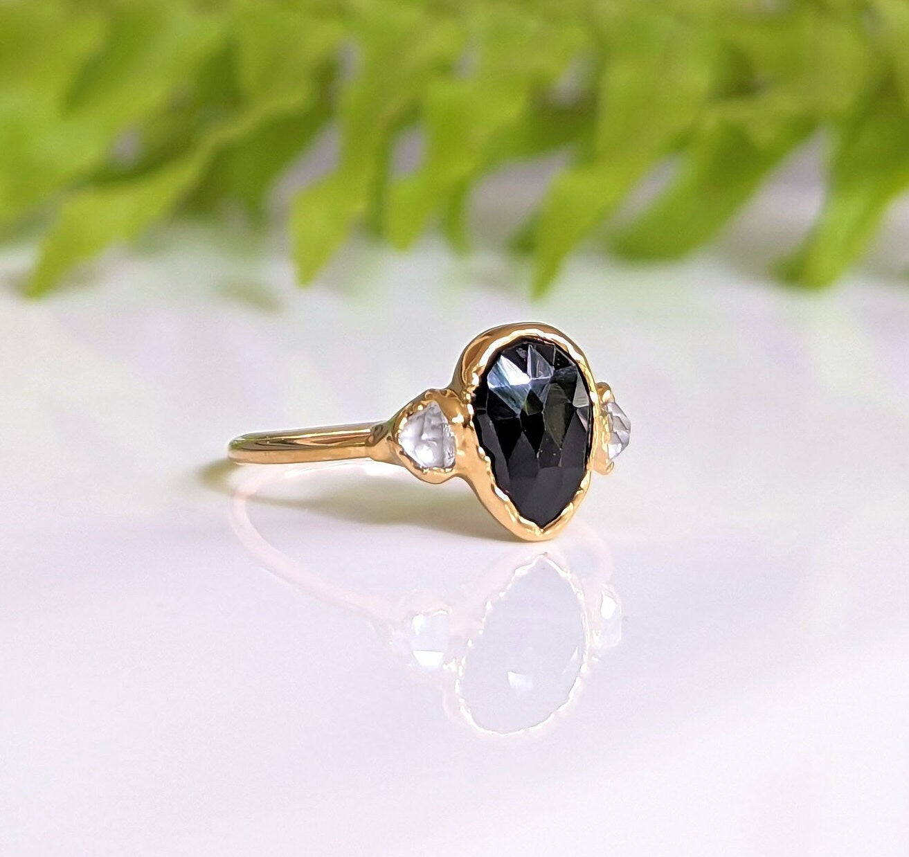 Black Spinel and Herkimer diamond engagement ring in Solid 18k