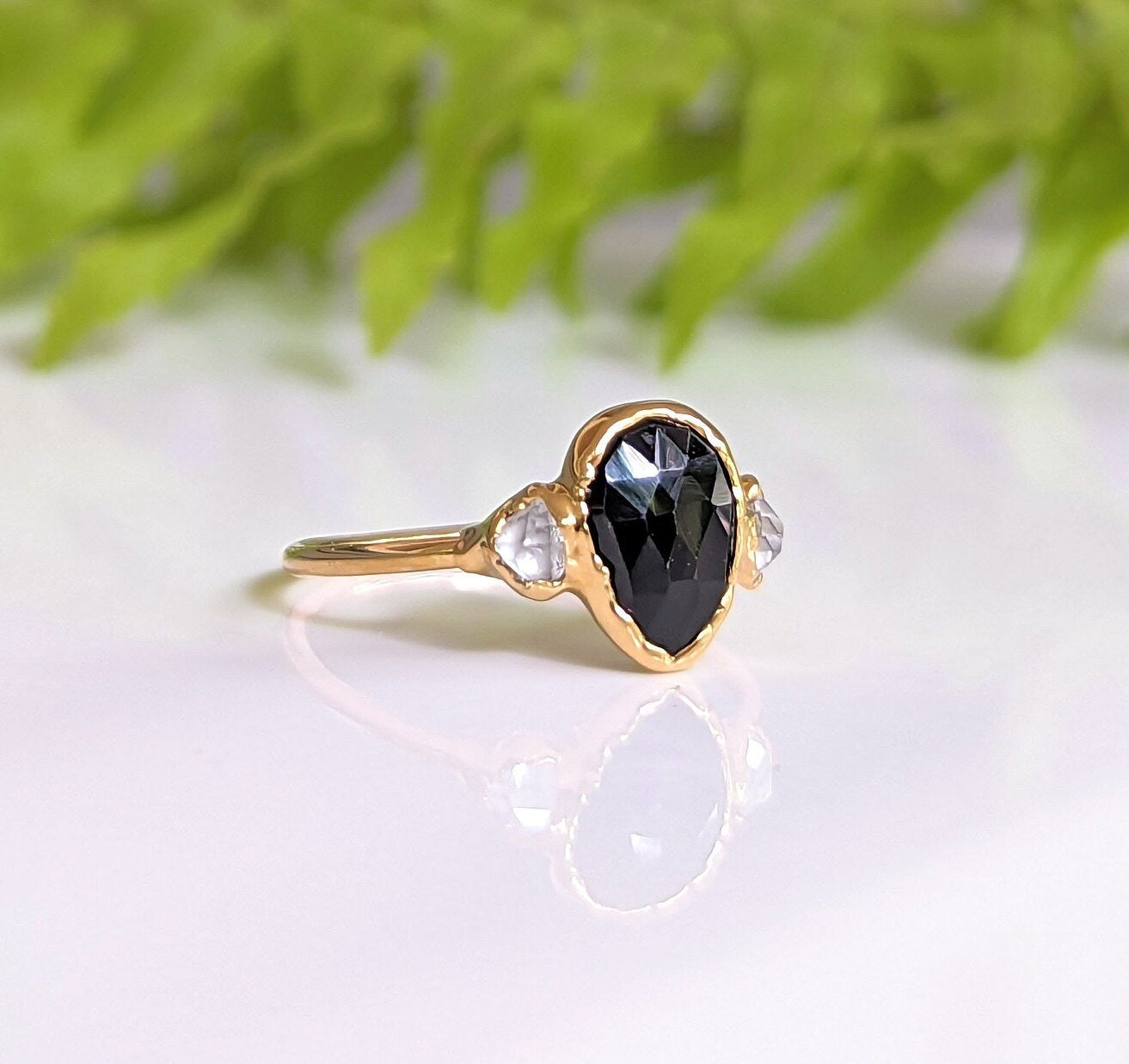 Pear Shape Black Spinel and Herkimer diamond Engagement ring in 18k Gold