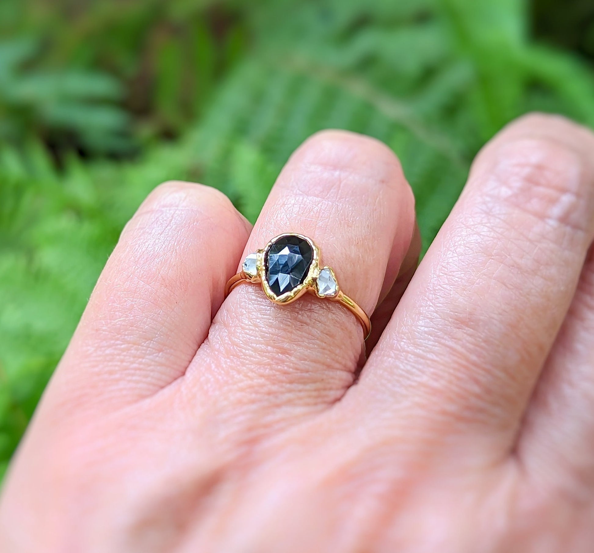 Pear Shape Black Spinel and Herkimer diamond Engagement ring in 18k Gold