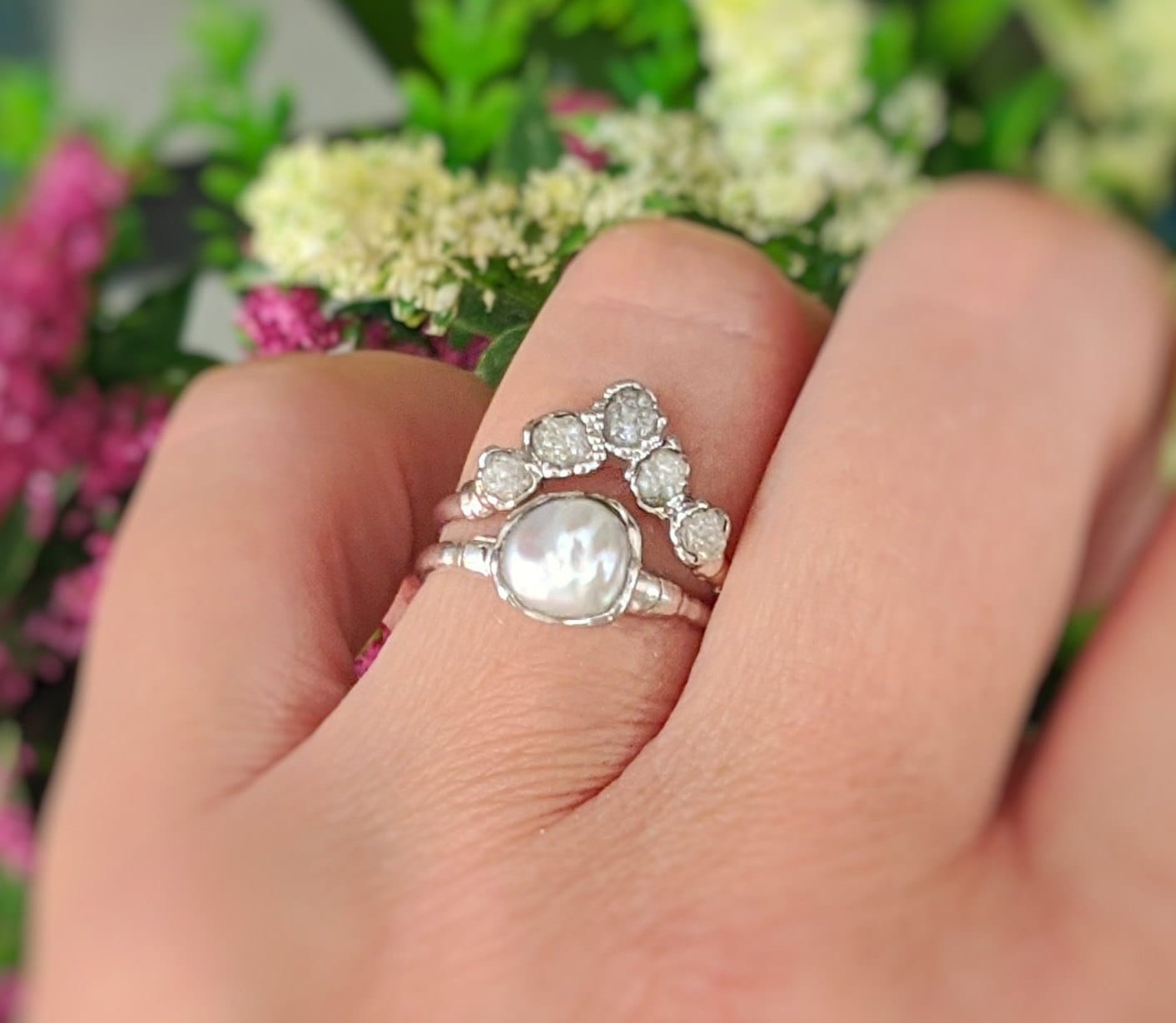 Freshwater Pearl & Raw Diamond Chevron wedding ring set in Fine 99.9 Silver