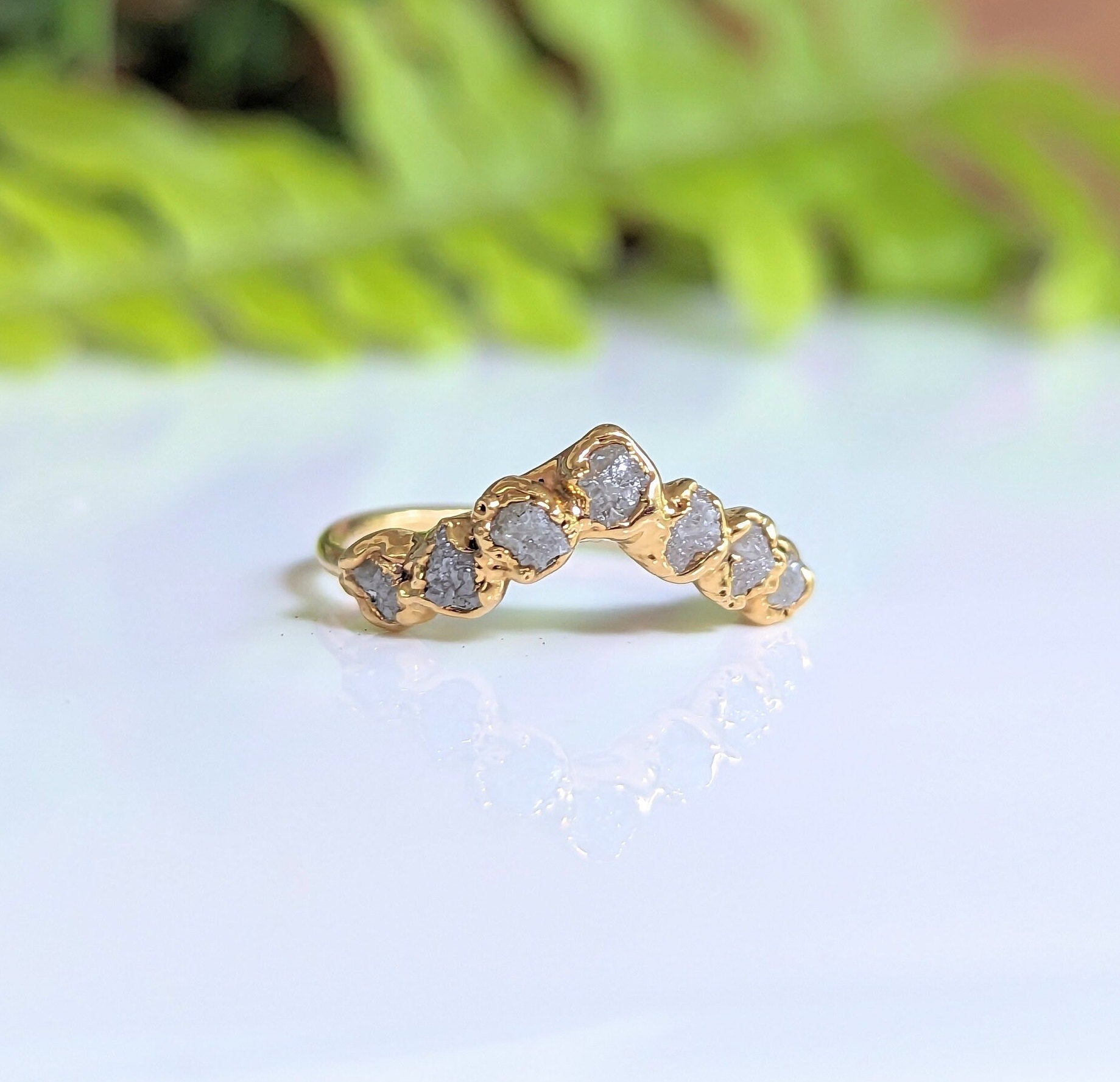 Raw uncut diamond Chevron Wedding ring in 18k Gold
