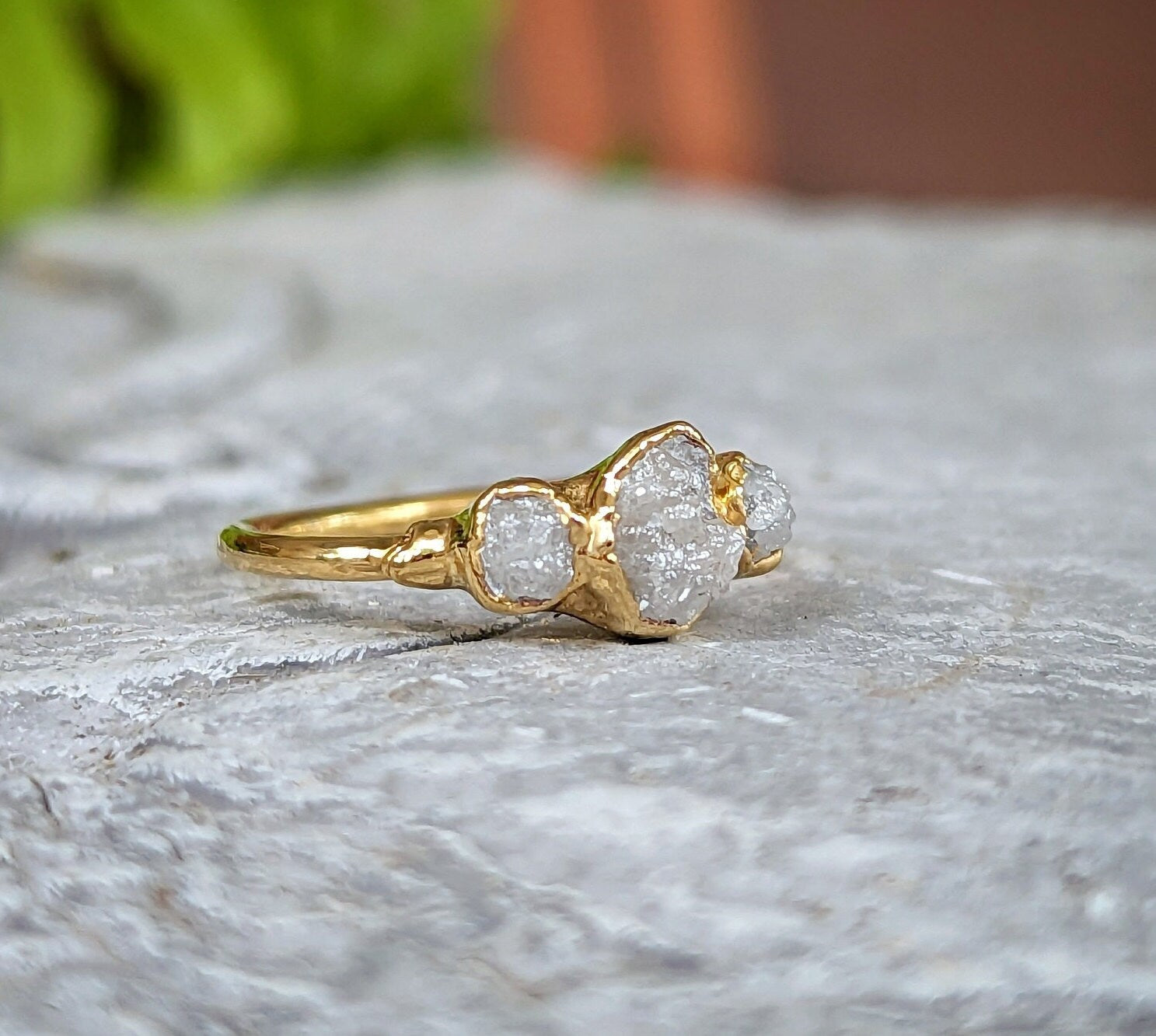 Raw uncut 3-diamond engagement ring in unique 18k Gold setting