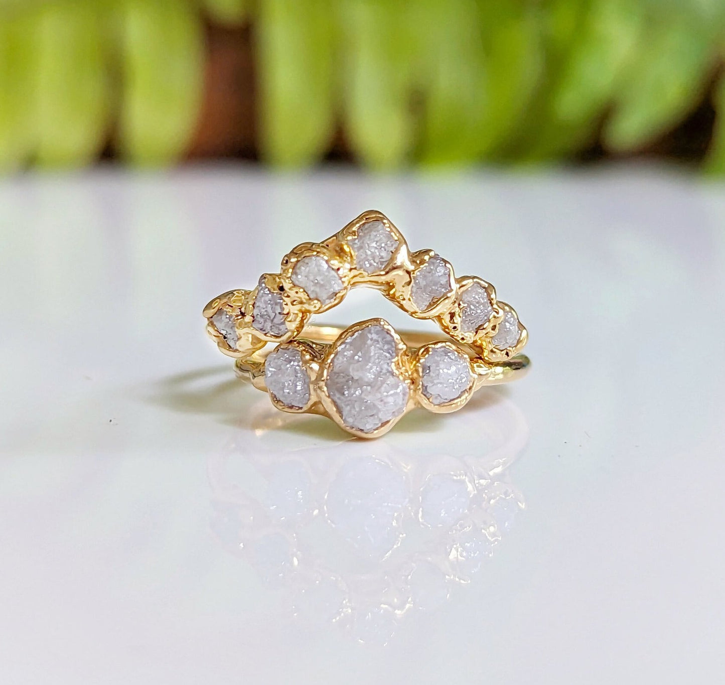 Raw uncut diamond Chevron Wedding ring set in 18k Gold