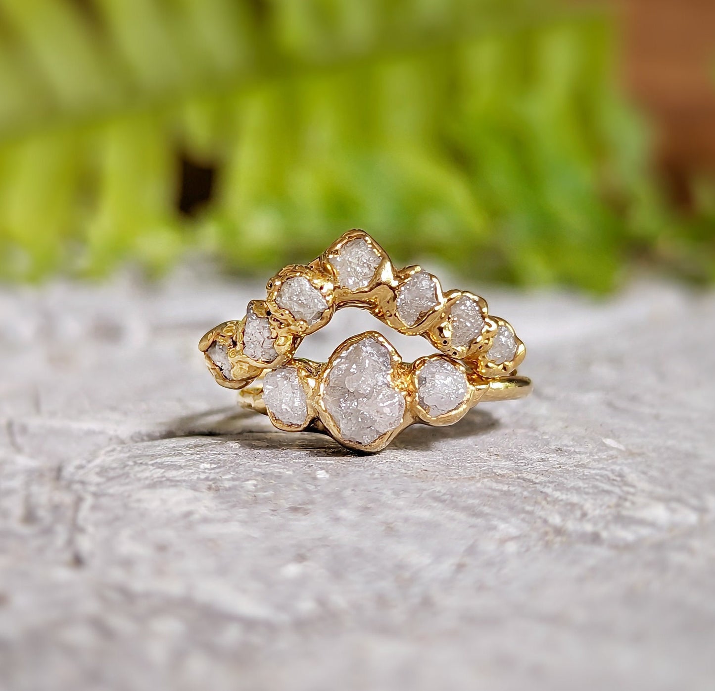 Raw uncut diamond Chevron Wedding ring set in 18k Gold