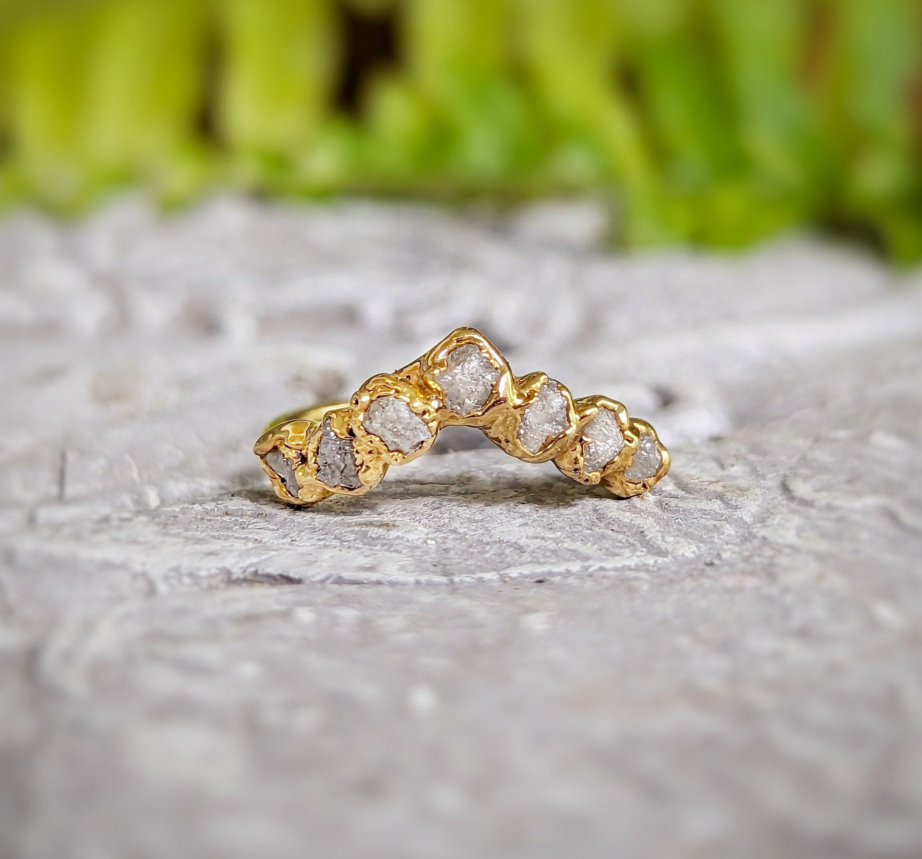 Raw uncut diamond Chevron Wedding ring in 18k Gold