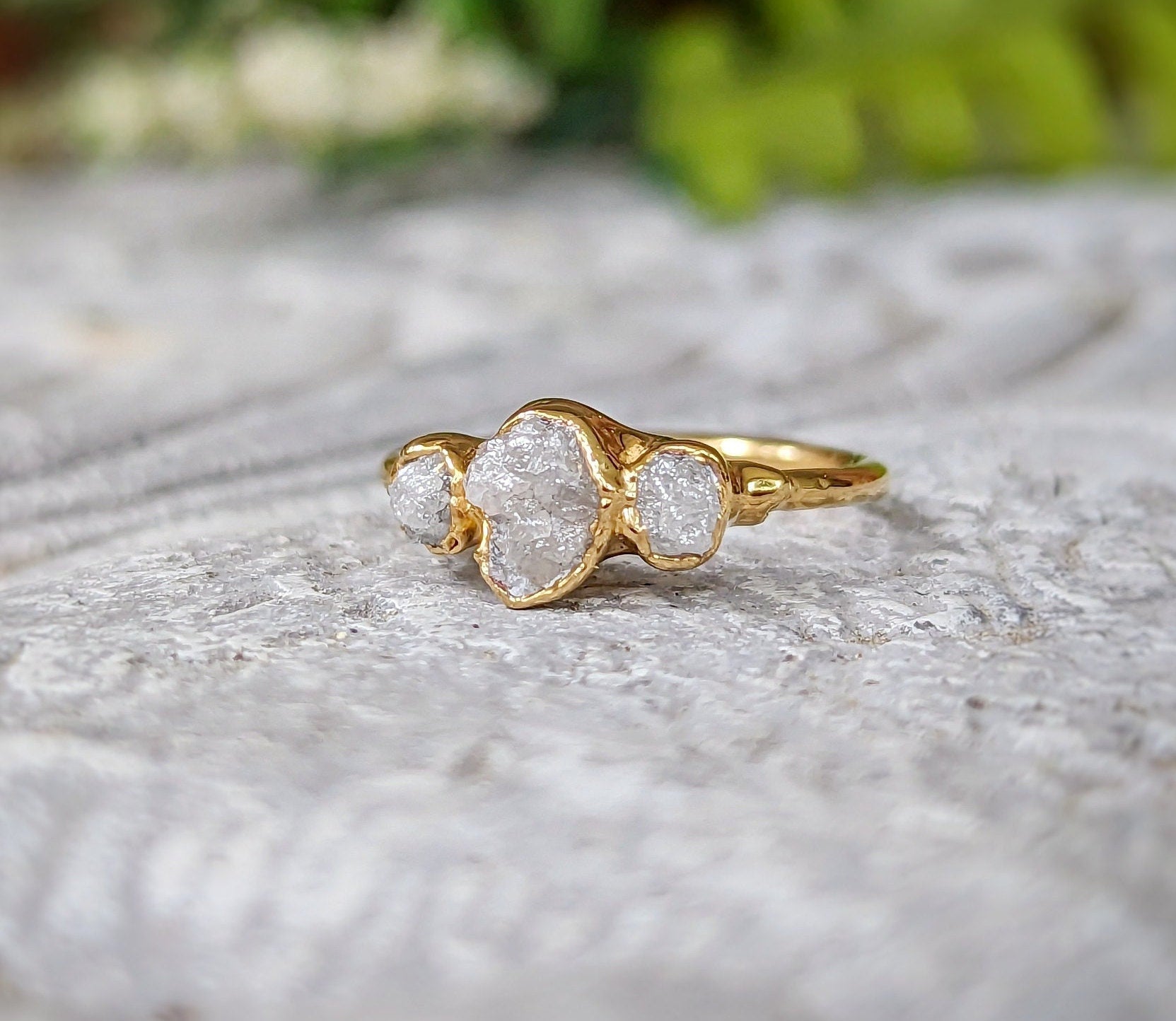 Raw uncut diamond engagement and Chevron Wedding ring set in 18k Gold