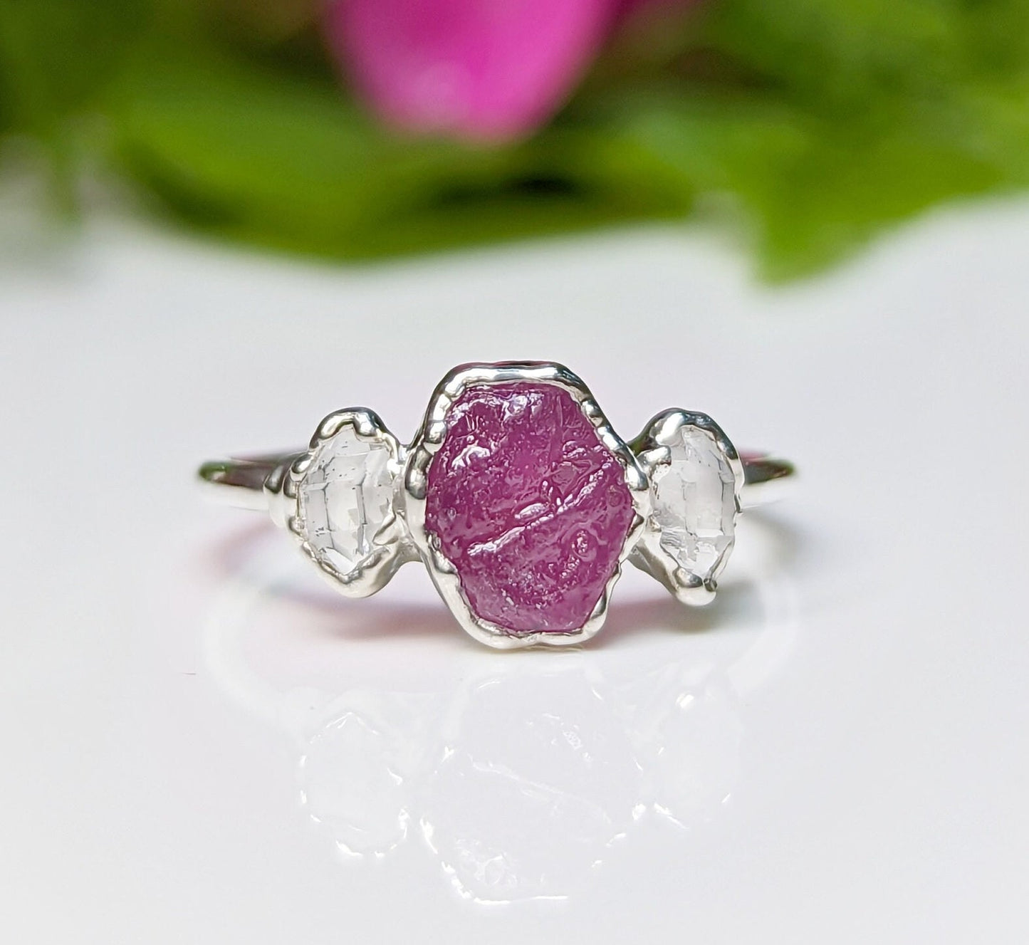 Raw Pink Sapphire and Herkimer Diamond engagement ring set in unique Fine 99.9 Silver setting