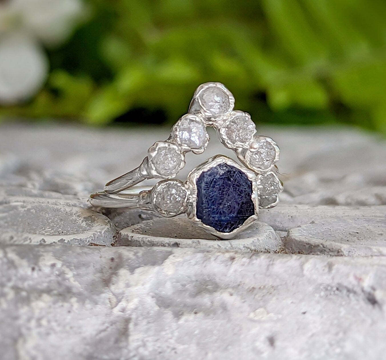 Raw Sapphire and diamond engagement ring and Chevron wedding ring set in unique Fine 99.9 Silver setting