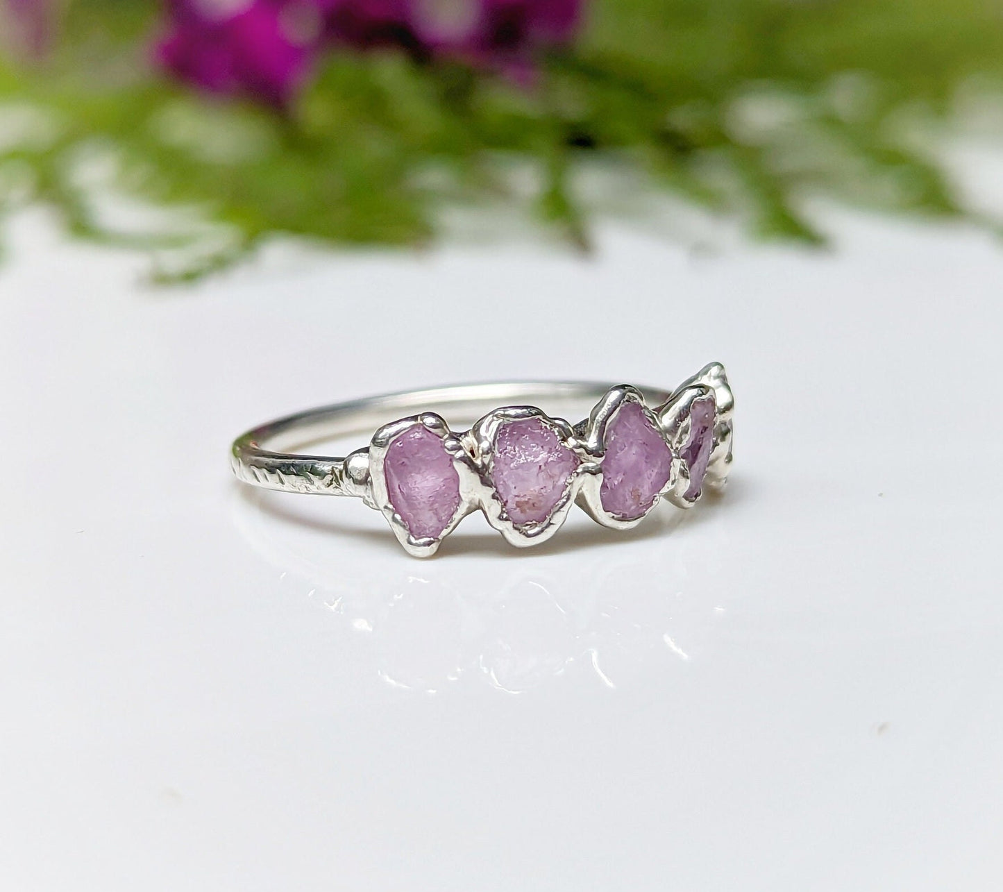 Raw Pink Sapphire Eternity Ring in unique Fine 99.9 Silver setting