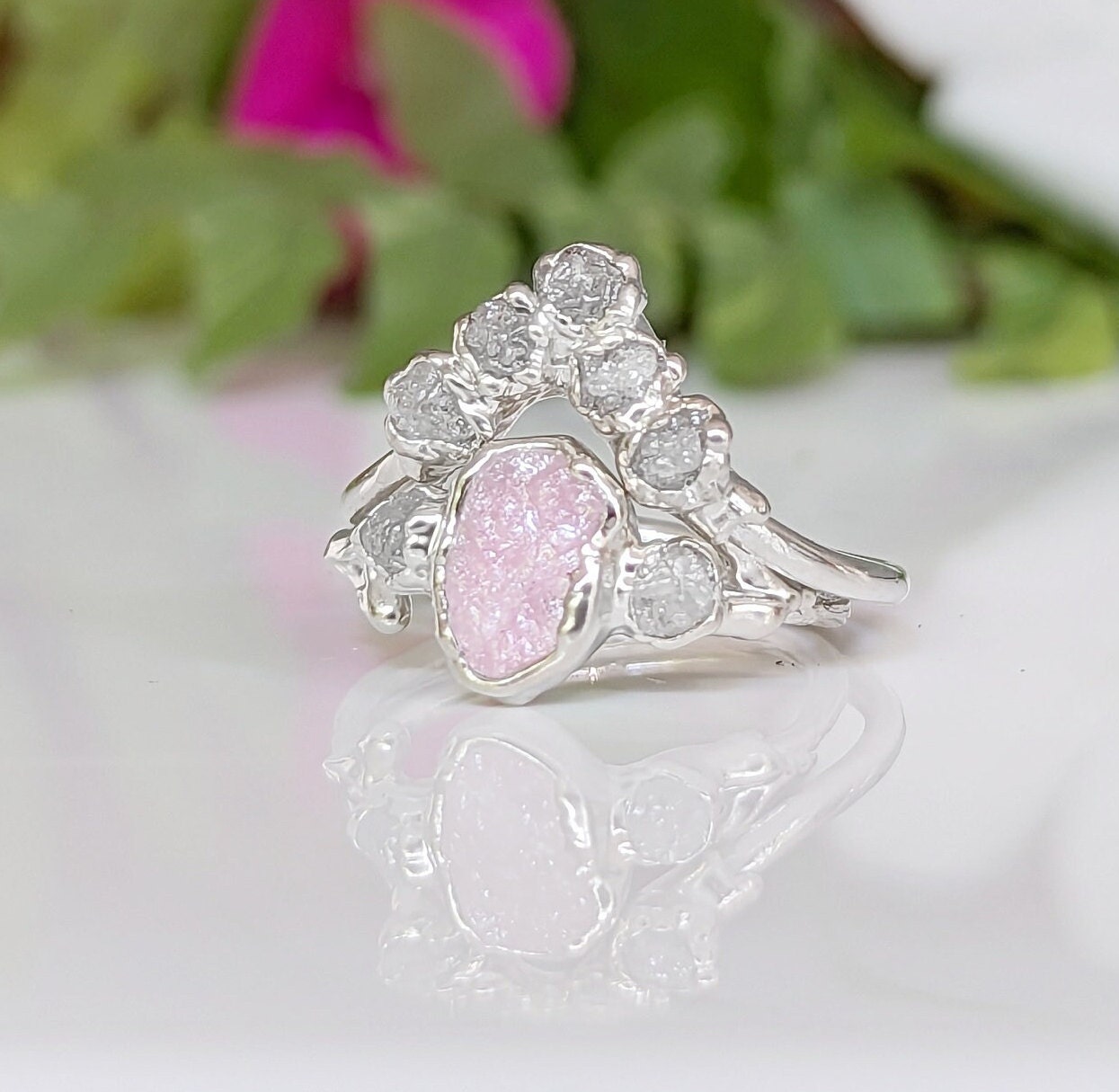 Raw Pink Morganite and rough diamond Chevron Wedding ring set in unique Fine 99.9 Silver setting
