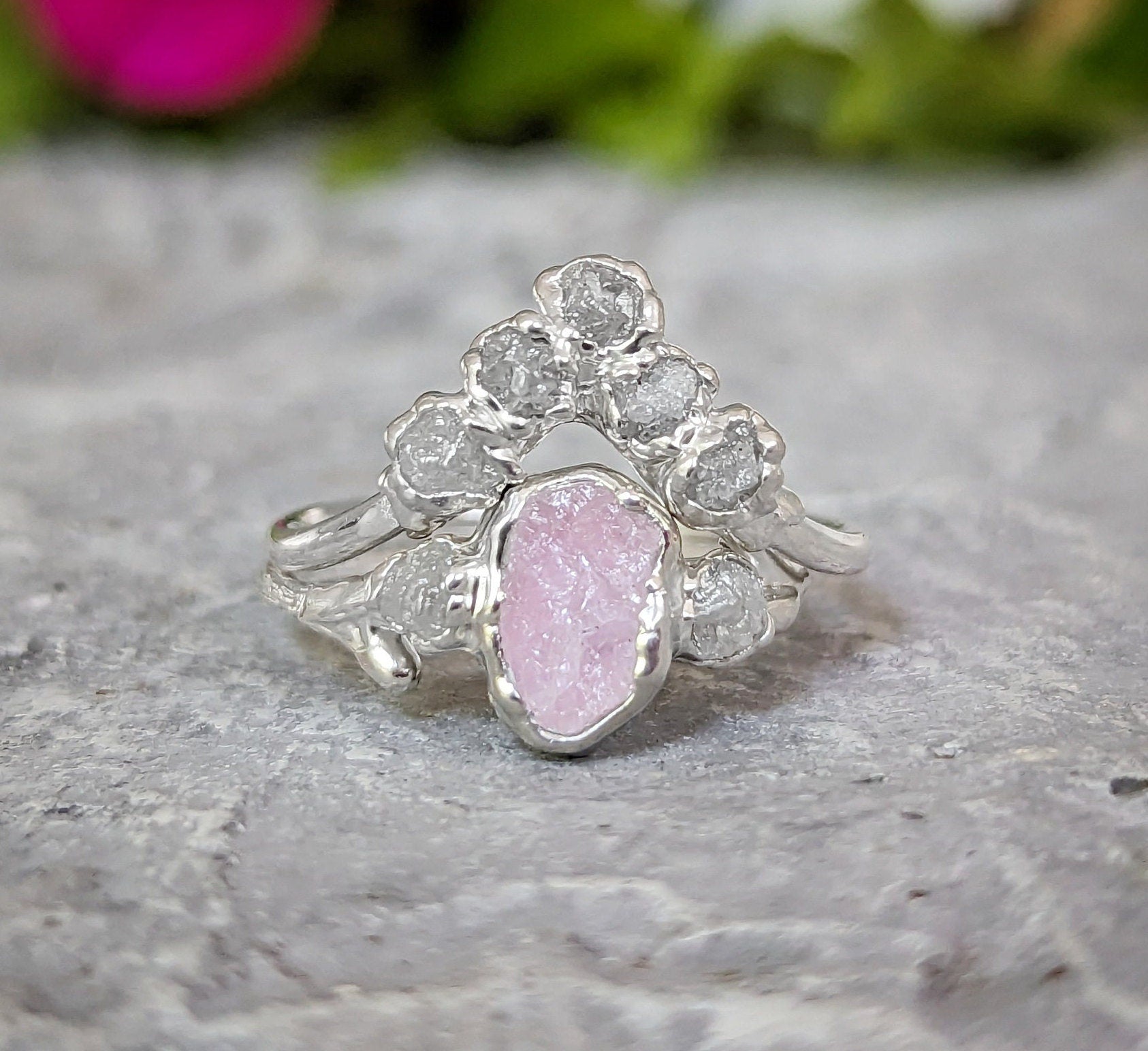 Raw Pink Morganite and rough diamond Chevron Wedding ring set in unique Fine 99.9 Silver setting