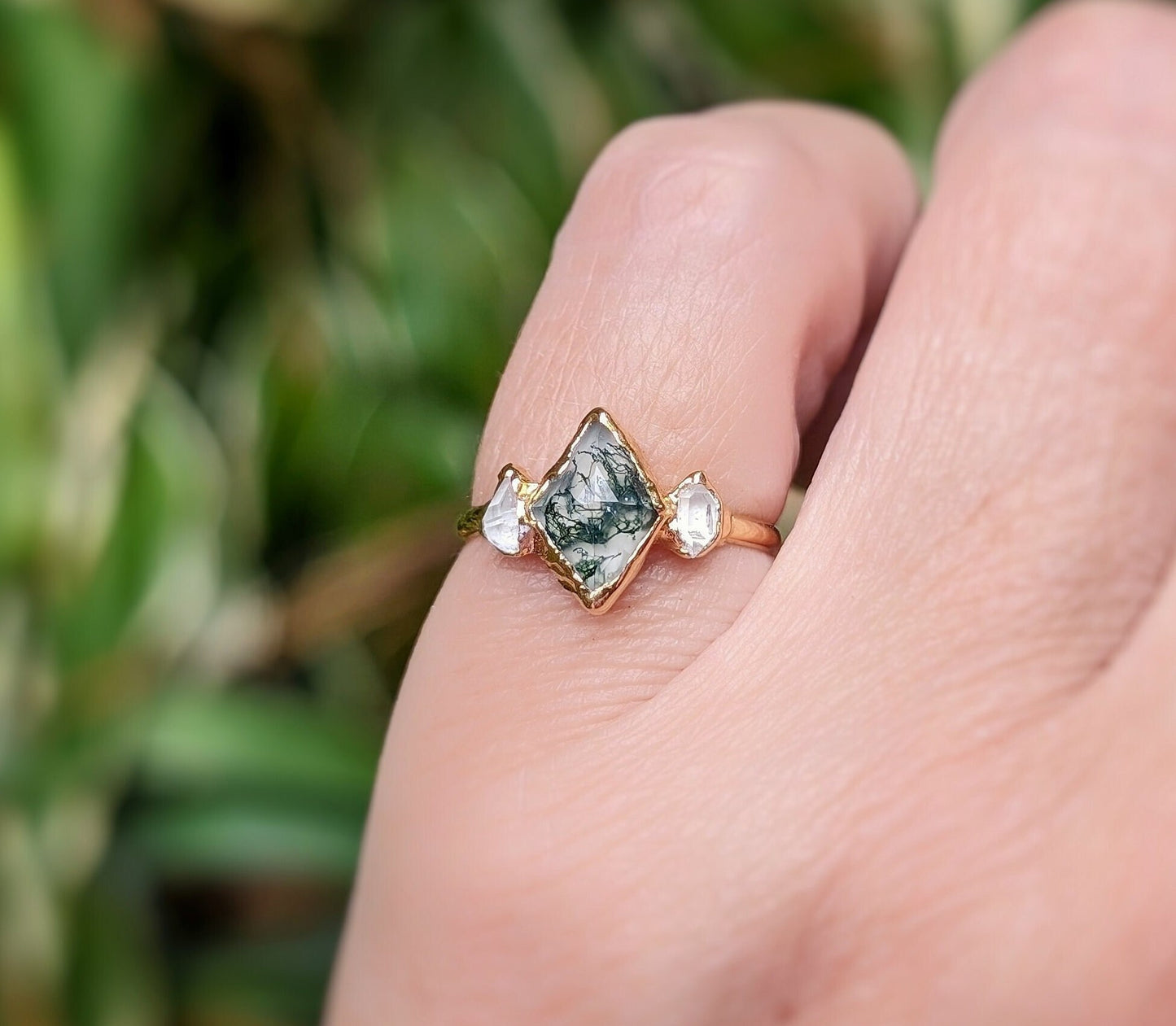 Moss Agate and Herkimer diamond engagement ring - Lozenge shape Moss Agate ring