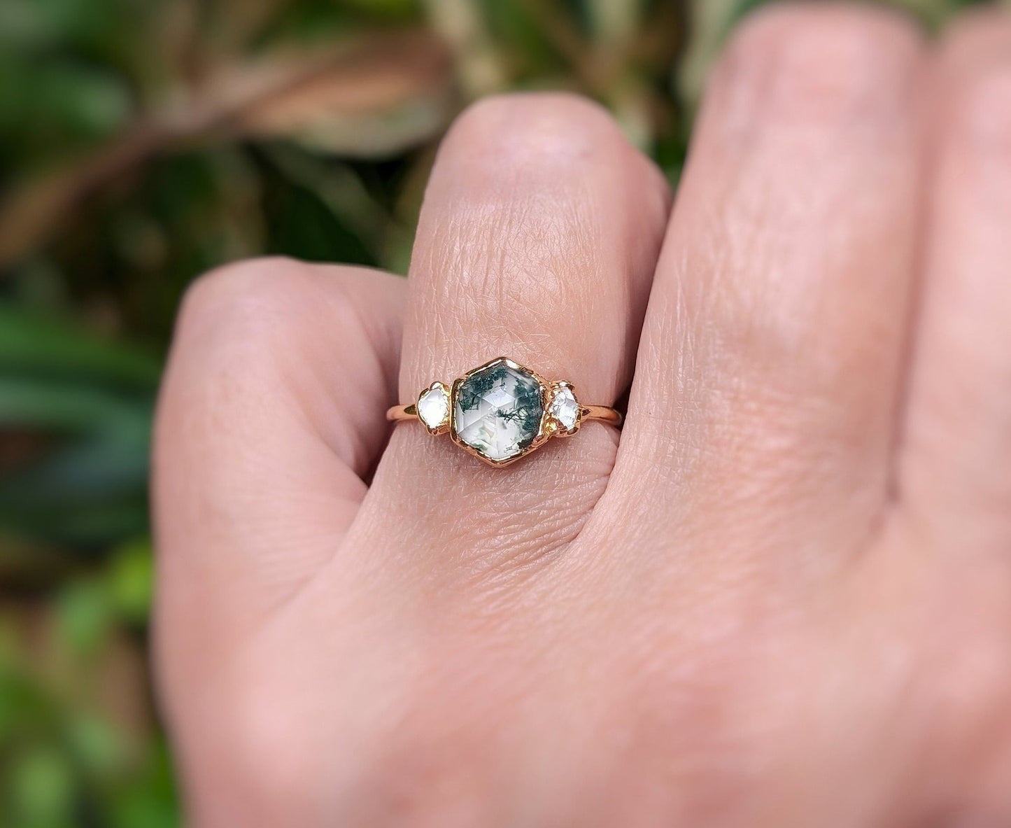 Moss Agate and Herkimer diamond engagement ring - Hexagon shape Moss Agate ring