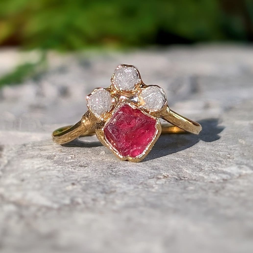 Raw Diamond and Pink Spinel Chevron Engagement Ring