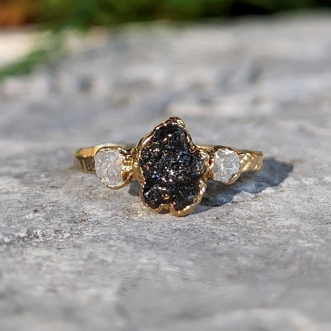 Raw uncut Black Diamond engagement ring