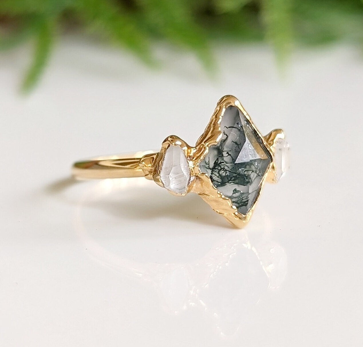 Moss Agate and Herkimer diamond engagement ring - Lozenge shape Moss Agate ring