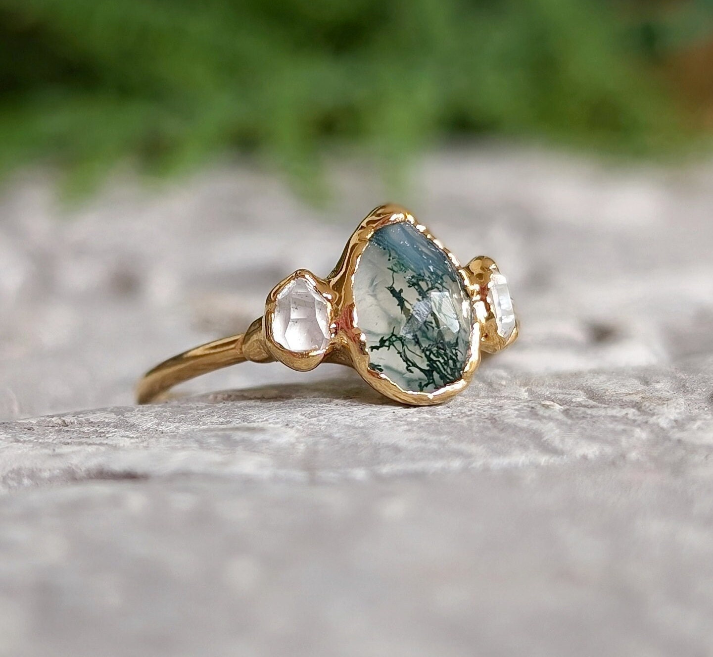 Moss Agate and Herkimer diamond engagement ring - Pear shape Moss Agate ring