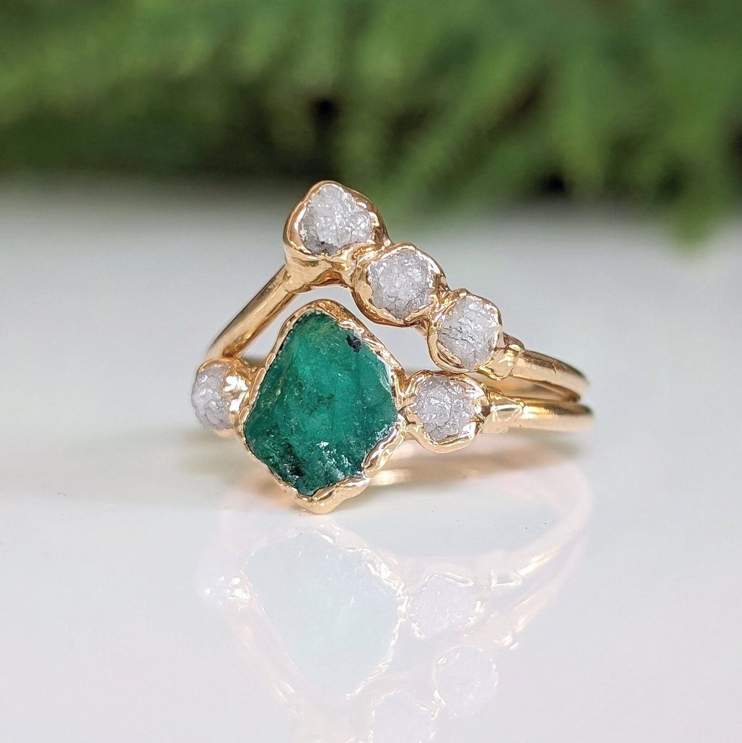 Raw Emerald and rough diamond Chevron wedding ring set