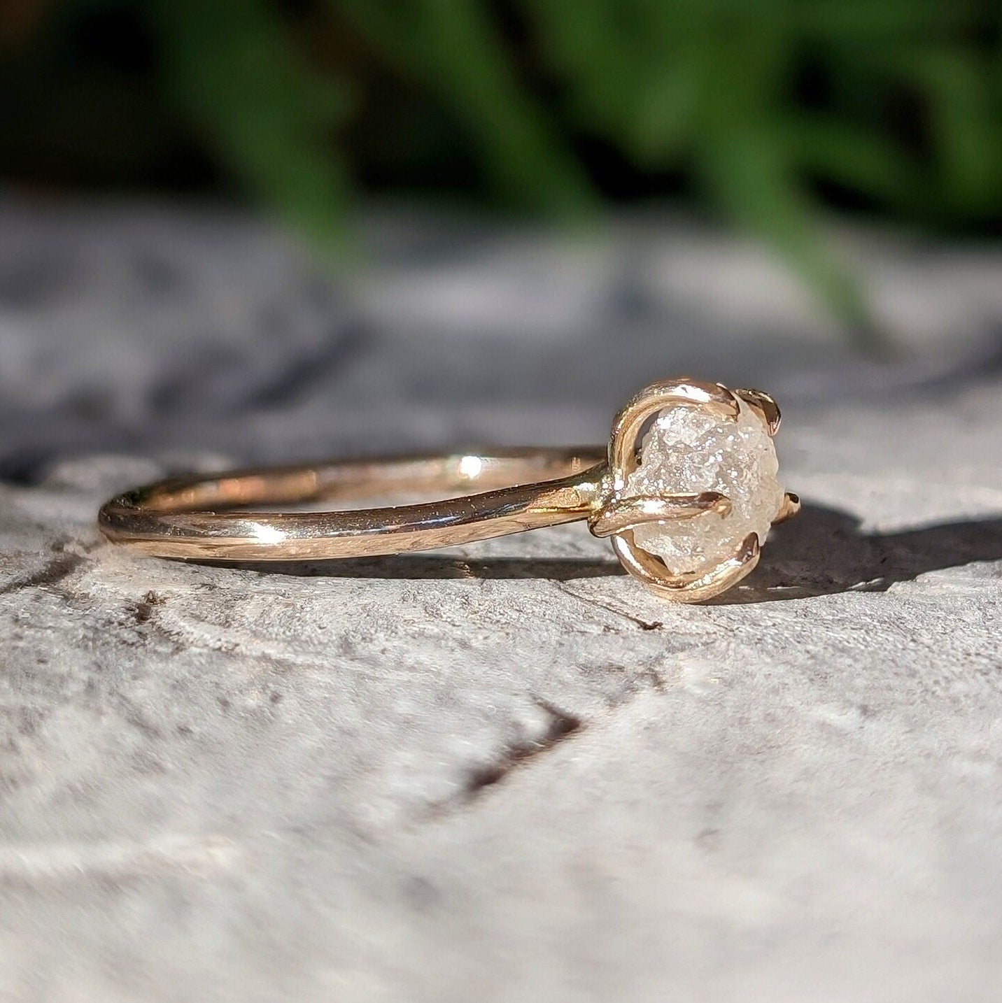 Raw uncut White diamond solitaire engagement ring in Solid 14k Gold