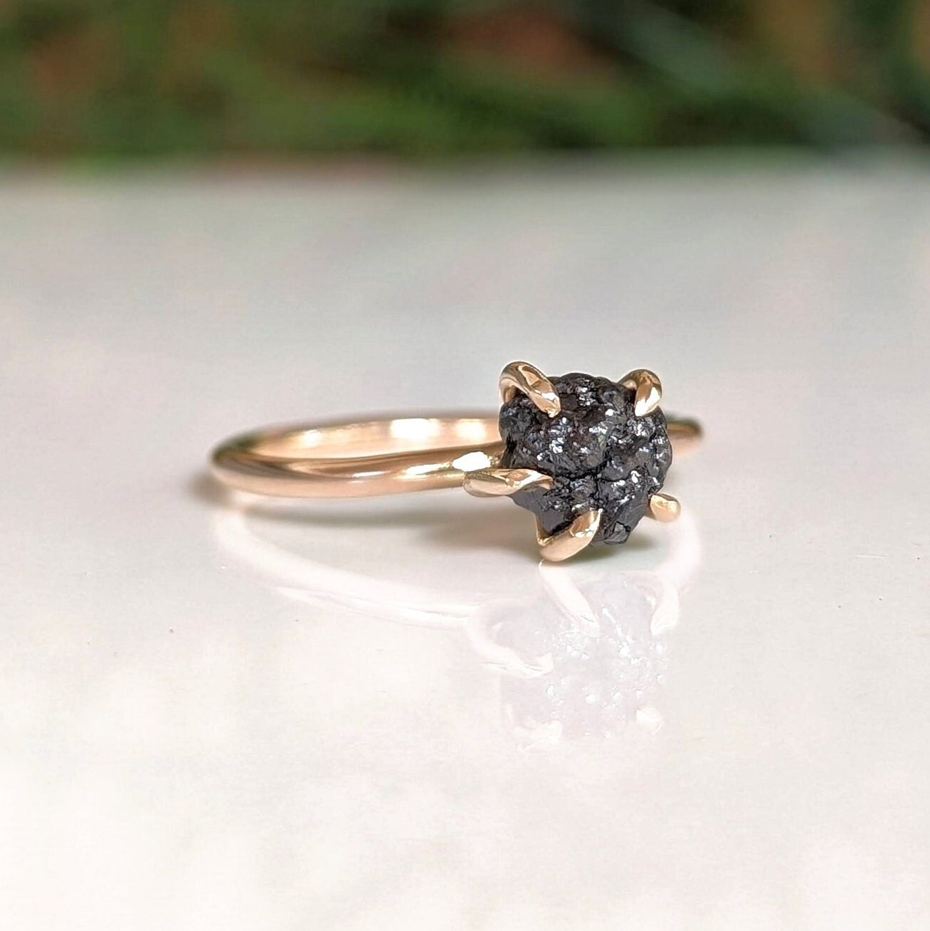 Raw uncut Black diamond solitaire engagement ring in Solid 14k Gold