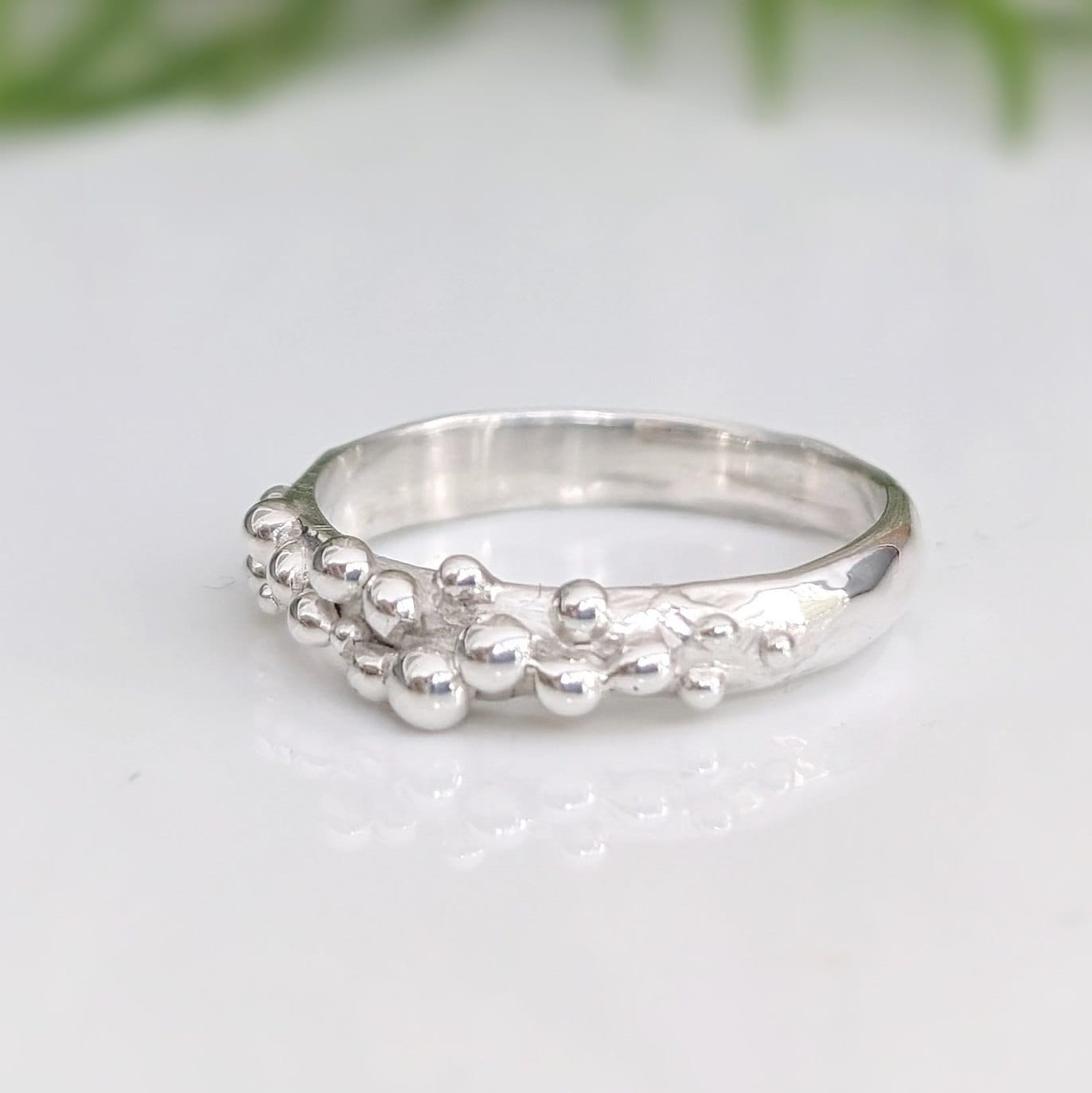 Dew Drop Beaded Molten Silver band - Nature Inspired Solid Silver Ring