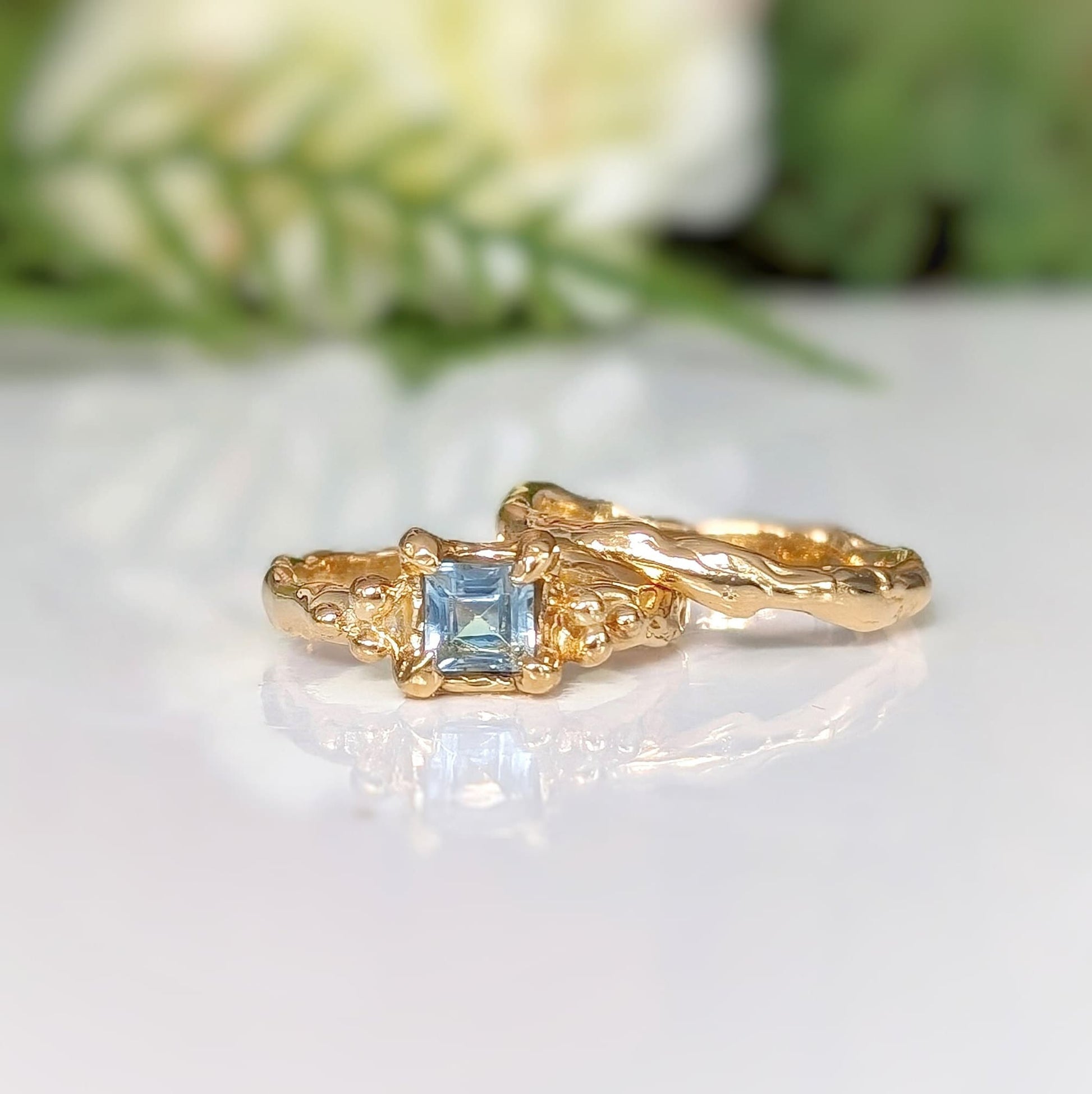 Set of wedding bands - Square Blue Topaz engagement ring and simple textured Molten Solid 14k Gold wedding band