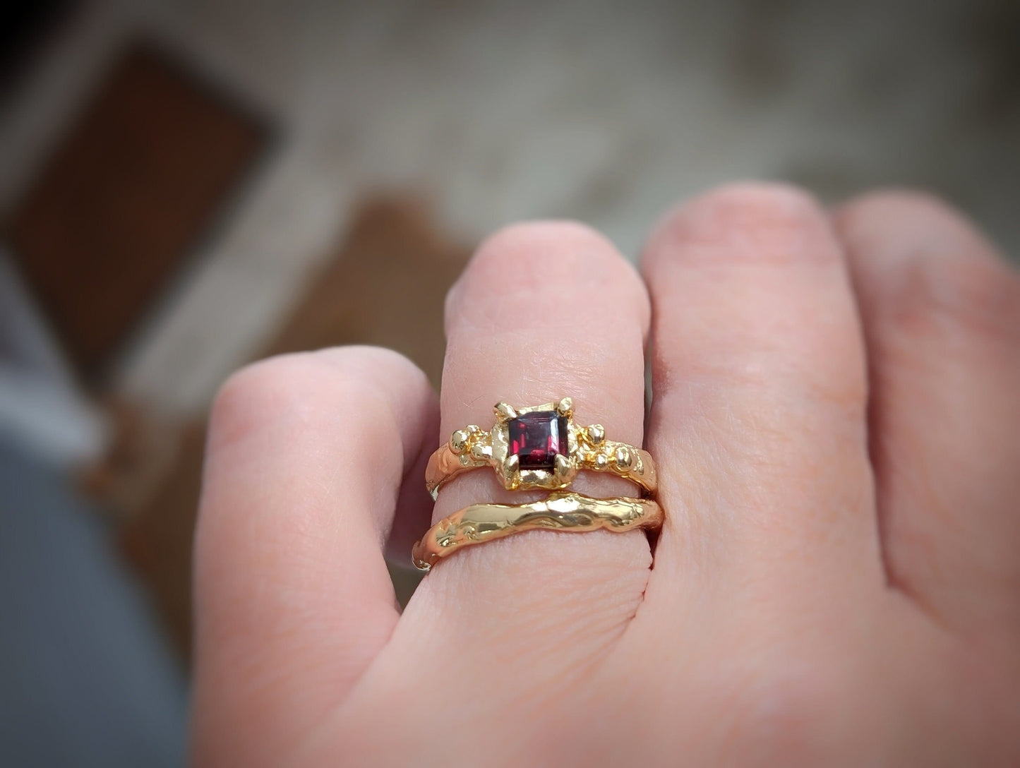Red Garnet Molten Gold Engagement ring