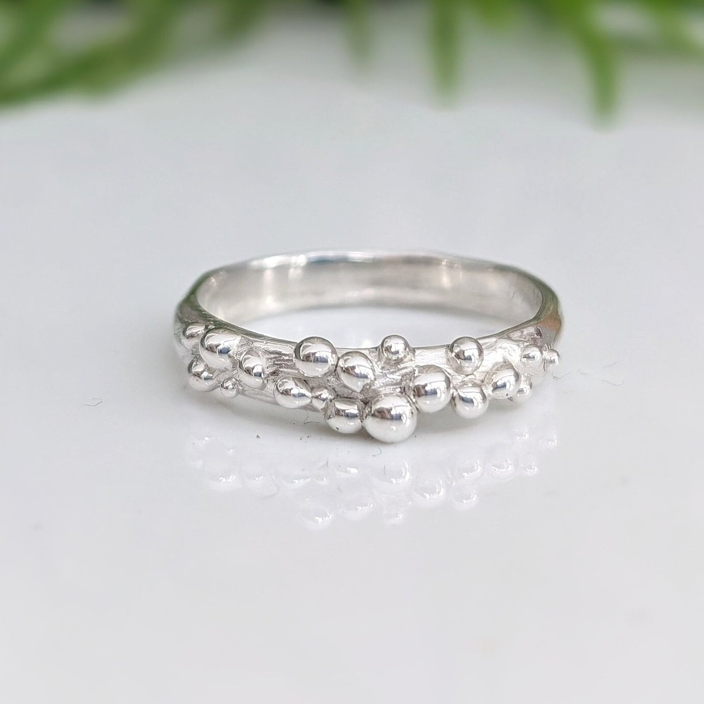 Dew Drop Beaded Molten Silver band - Nature Inspired Solid Silver Ring
