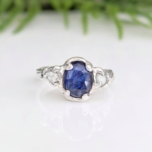 Blue Sapphire and diamond Silver Molten engagement ring
