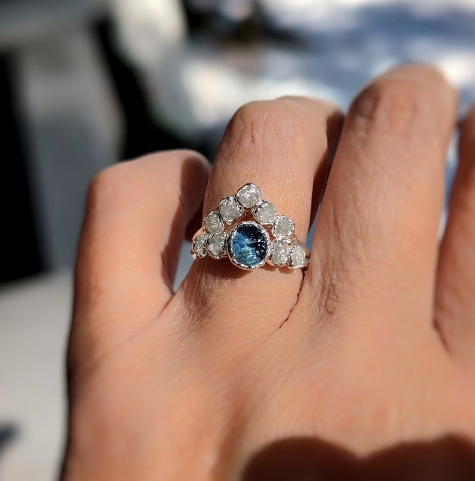 Raw Montana Sapphire and diamond bridal ring set