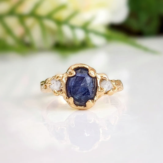 Blue Sapphire and diamond engagement ring - Solid 14k Gold Molten ring