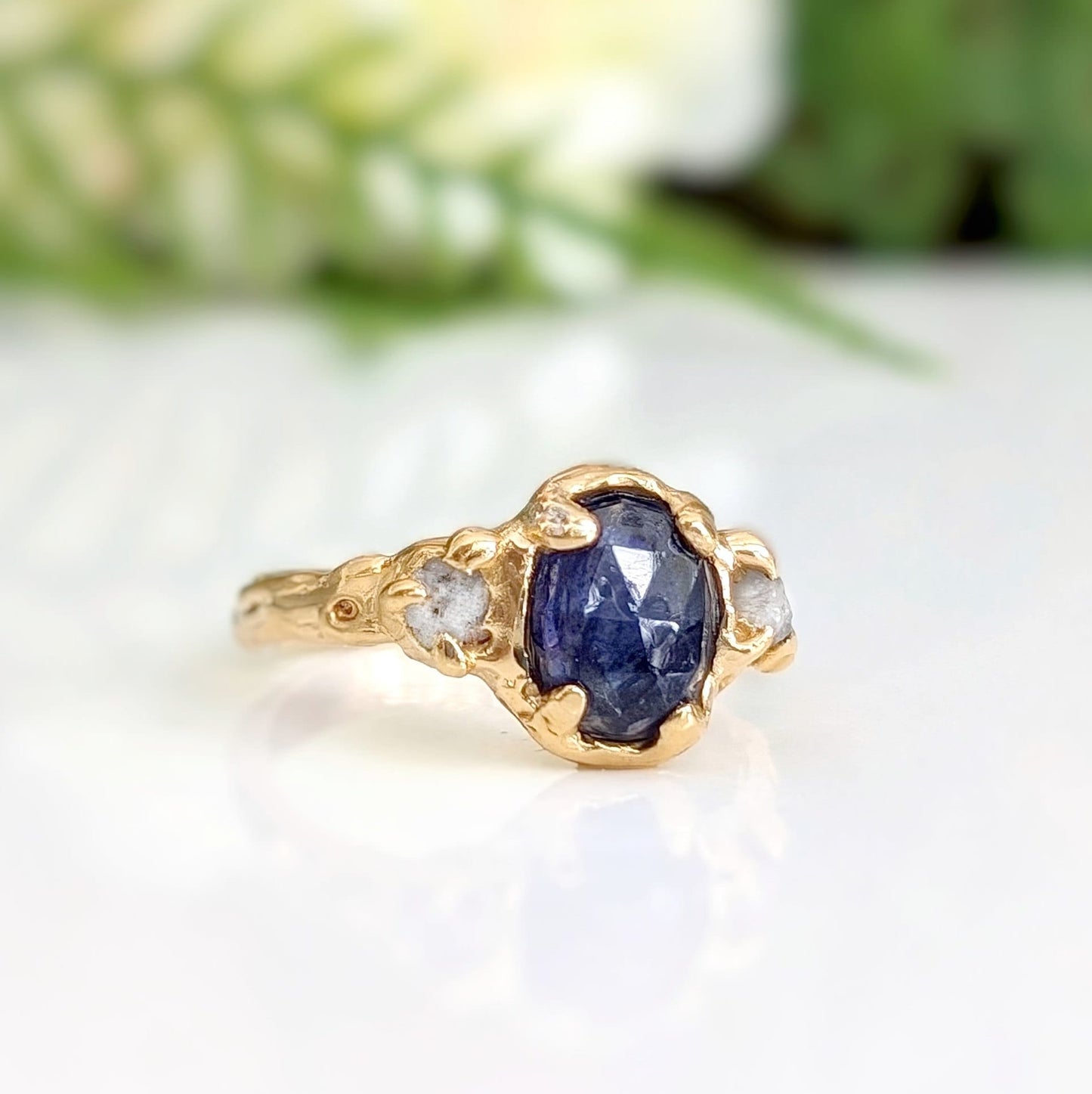 Blue Sapphire and diamond engagement ring - Solid 14k Gold Molten ring