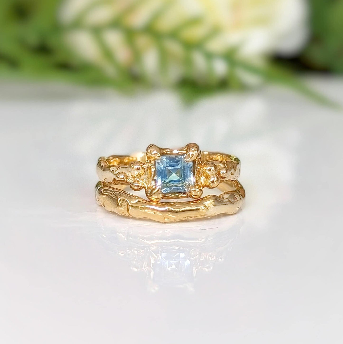 Set of wedding bands - Square Blue Topaz engagement ring and simple textured Molten Solid 14k Gold wedding band